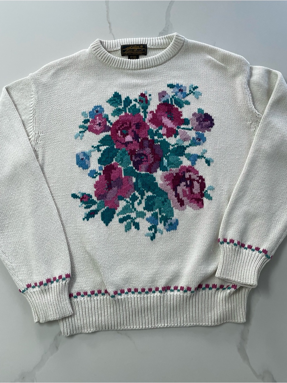 Vintage 1990 Eddie Bauer Cottagecore Floral Knit Sweater, Size Medium